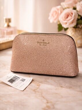 Kate Spade Rose Gold Shimmy Glitter Cosmetic Case NWT